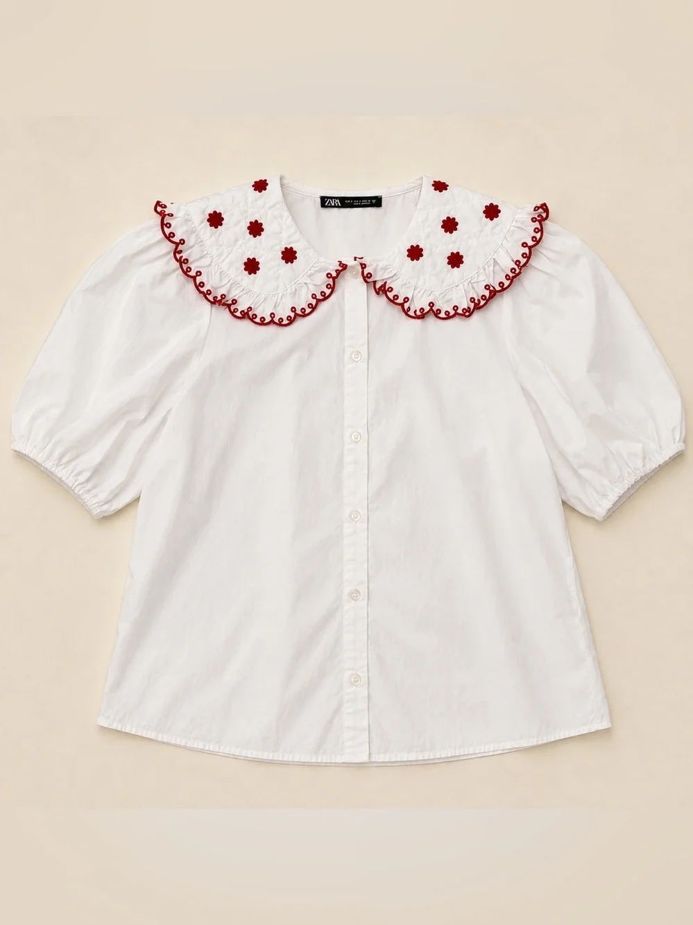 Zara White Red Embroidered Ruffle Peter Pan Collar Puff Sleeve Cotton Blouse S